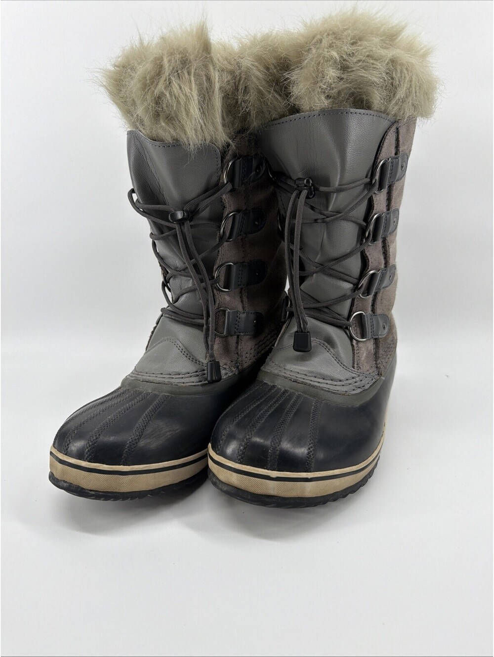 SOREL Joan of Arctic Black/Gray Leather Faux Fur Waterproof Winter Boots-Sz 7